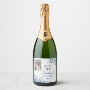 Elegant Blue Rose Floral Frame 60th Birthday Party Sparkling Wine Label