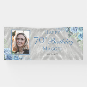 Elegant Blue Rose Floral Frame 70th Birthday Party Banner
