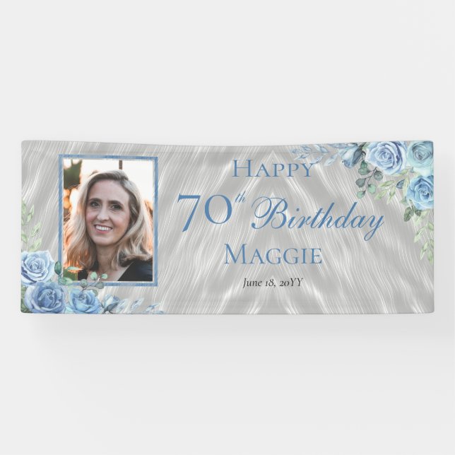 Elegant Blue Rose Floral Frame 70th Birthday Party Banner (Horizontal)