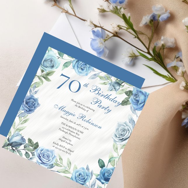 Elegant Blue Rose Floral Frame 70th Birthday Party Invitation (Elegant Blue Roses Floral Frame 70th Birthday Party Invitation - Available in Print and/or Digital)