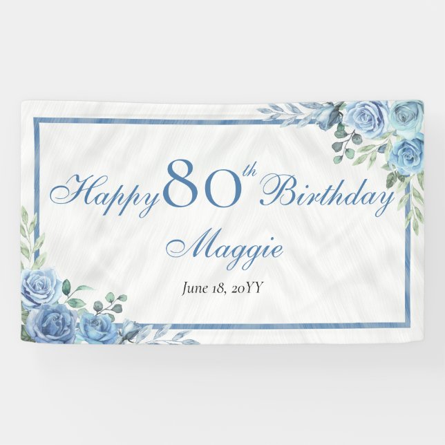 Elegant Blue Rose Floral Frame 80th Birthday Party Banner (Horizontal)