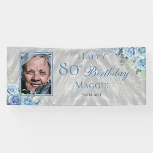 Elegant Blue Rose Floral Frame 80th Birthday Party Banner