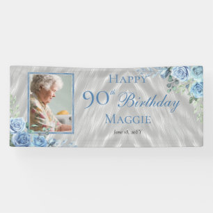 Elegant Blue Rose Floral Frame 90th Birthday Party Banner