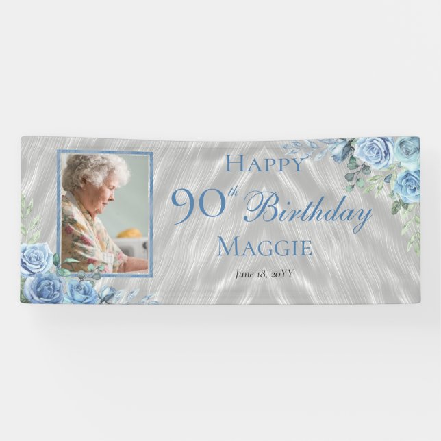 Elegant Blue Rose Floral Frame 90th Birthday Party Banner (Horizontal)