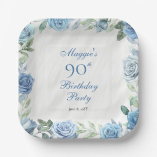 Elegant Blue Rose Floral Frame 90th Birthday Party Paper Plate
