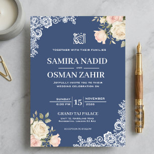 Elegant Blue Rose Floral Lace Nikah Muslim Wedding Invitation