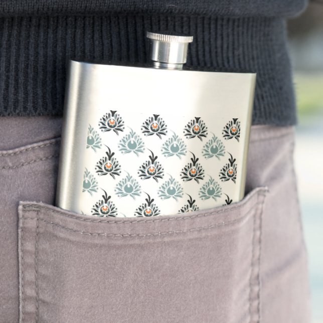 Elegant Blue Rose Floral Pattern Hip Flask (In Situ)