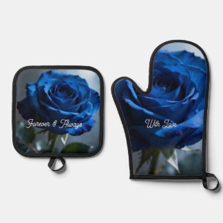 Elegant Blue Rose Floral Romantic Kitchen Oven Mitt & Pot Holder Set