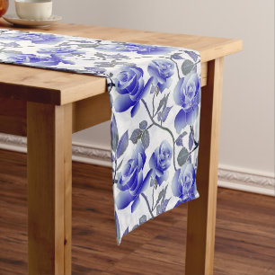 Elegant Blue Rose Flower Short Table Runner