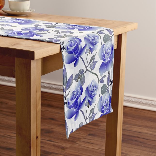 Elegant Blue Rose Flower Short Table Runner (In Situ)