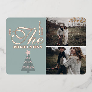 Elegant Blue Rose Gold Boho Christmas Foil Holiday Card