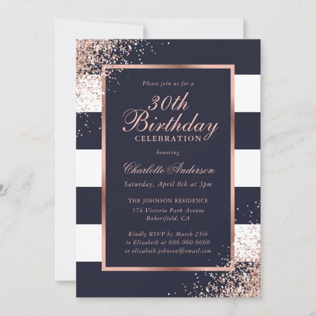 Elegant Blue Rose Gold Confetti 30th Birthday Invitation (Front)