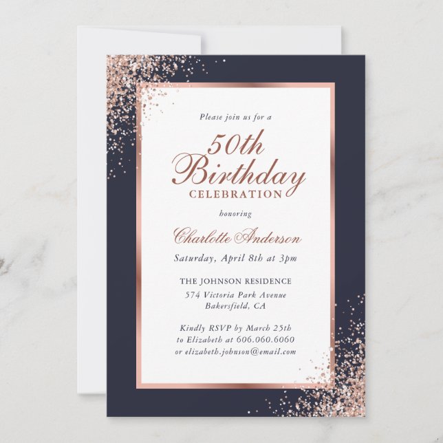 Elegant Blue Rose Gold Confetti 50th Birthday Invitation (Front)