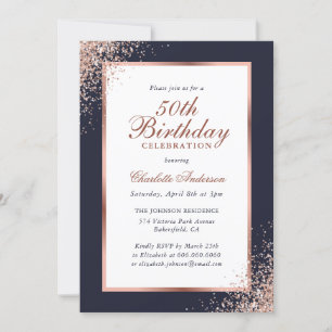 Elegant Blue Rose Gold Confetti 50th Birthday Invitation