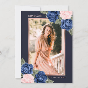 Elegant Blue Rose Gold Floral Photo Graduation Announcement