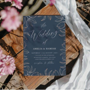Elegant Blue & Rose gold Foliage Wedding Invitation
