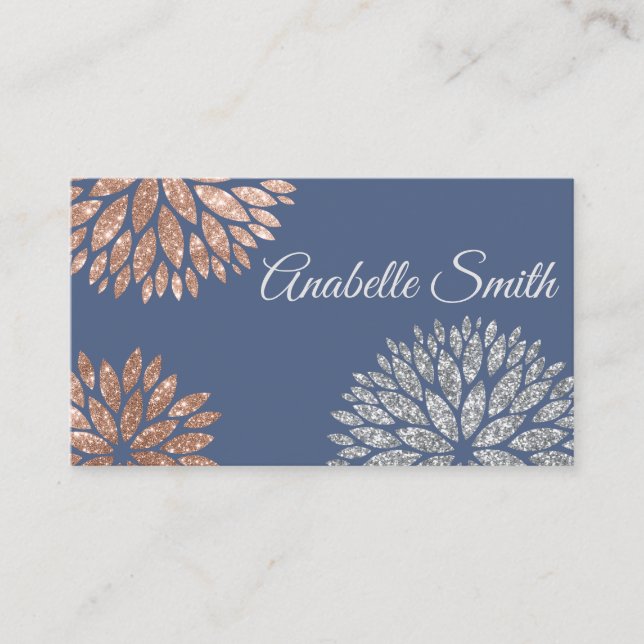 Elegant Blue Rose Gold Glitter Dahlia Floral Business Card (Front)