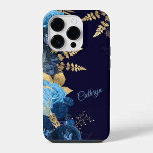 Elegant Blue Rose Gold Leaf iPhone 14 Pro Case