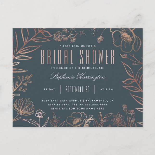 Elegant Blue & Rose Gold Meadow Bridal Shower Invitation Postcard (Front)