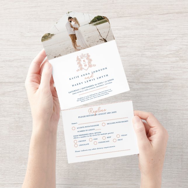 Elegant blue & Rose gold Monogrammed Wedding foil All In One Invitation (Tearaway)