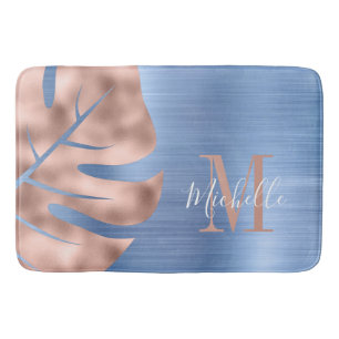 Elegant Blue Rose Gold Palm Leaf Monogram Bath Mat