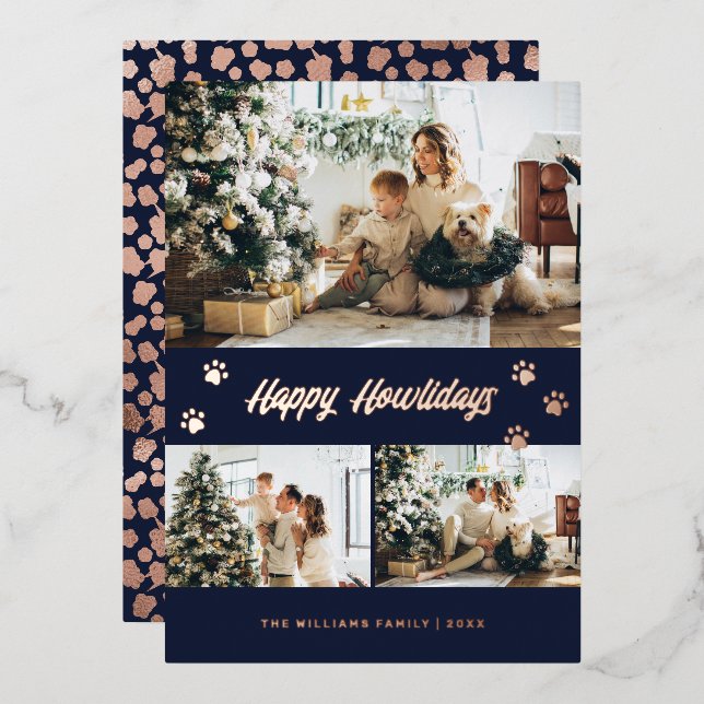 Elegant Blue Rose Gold Photo Happy Howlidays Foil Holiday Card (Front/Back)