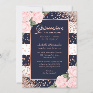 Elegant Blue Rose Gold Pink Floral Quinceañera Invitation