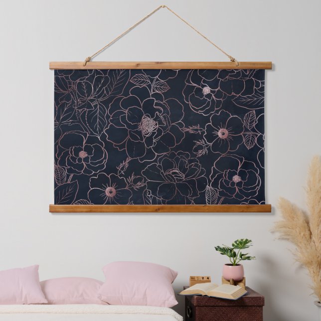 Elegant Blue Rose Gold Roses Floral Hanging Tapestry (Bedroom)