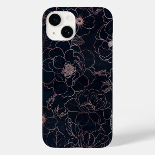 Elegant Blue Rose Gold Roses Floral Line art Case-Mate iPhone 14 Case