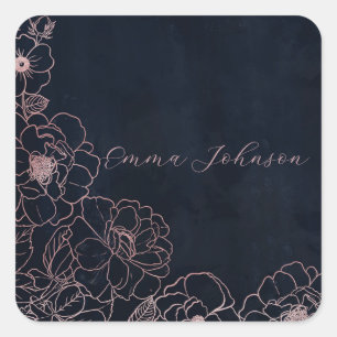 Elegant Blue Rose Gold Roses Floral Square Sticker