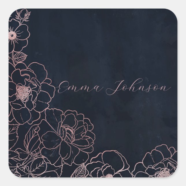 Elegant Blue Rose Gold Roses Floral Square Sticker (Front)