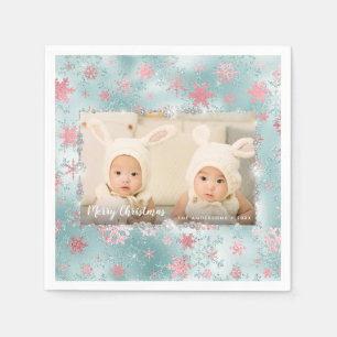 Elegant blue rose gold snowflakes custom photo napkin