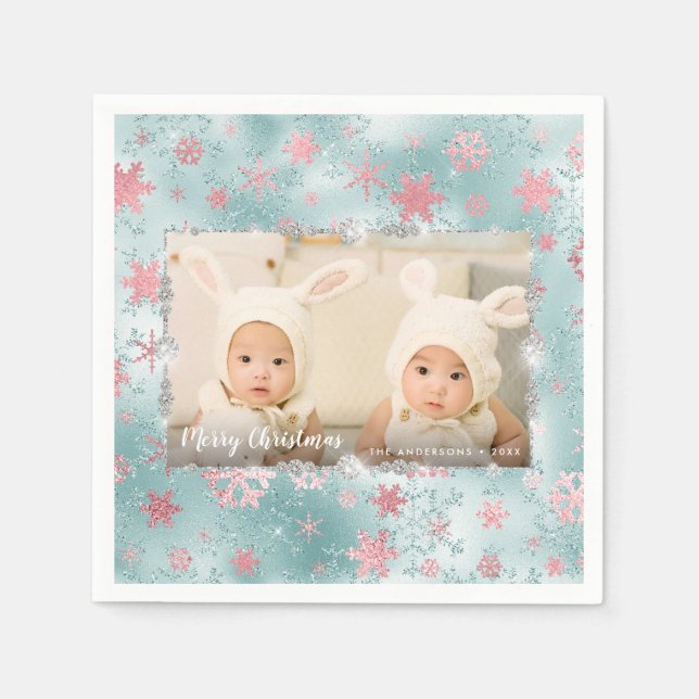 Elegant blue rose gold snowflakes custom photo napkin (Front)