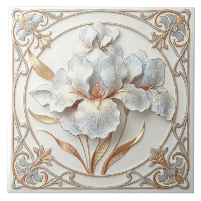 Elegant Blue Rose Gold Stylised Lilies Tile (Front)