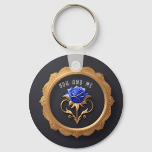 Elegant Blue Rose in Golden Frame with Ornate Deta Key Ring