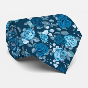 Elegant Blue Rose Pattern Neck Tie