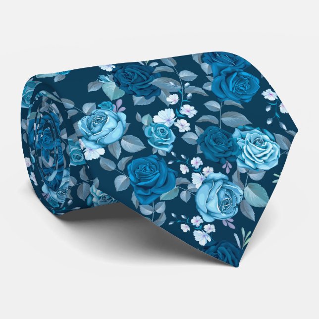 Elegant Blue Rose Pattern Neck Tie (Rolled)