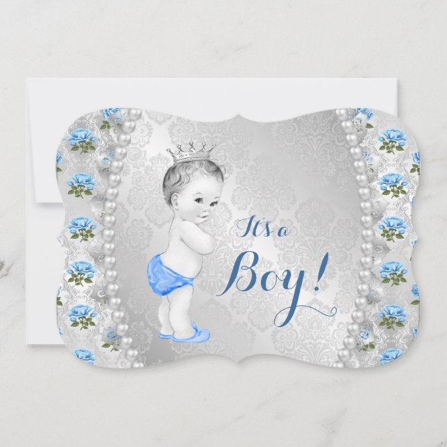 Elegant Blue Rose Pearl Baby Blue Baby Shower Invitation (Front)