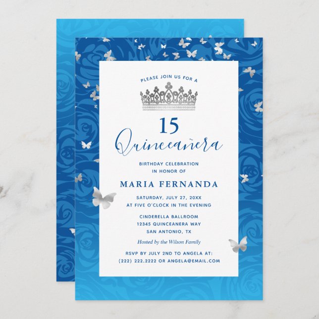 Elegant Blue Rose Silver Crown Floral Quinceanera Invitation (Front/Back)