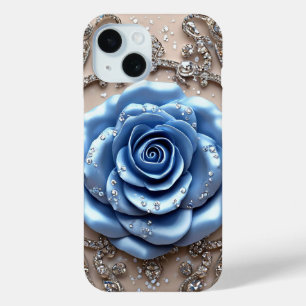 Elegant Blue Rose with Glittering Diamonds iPhone 15 Case