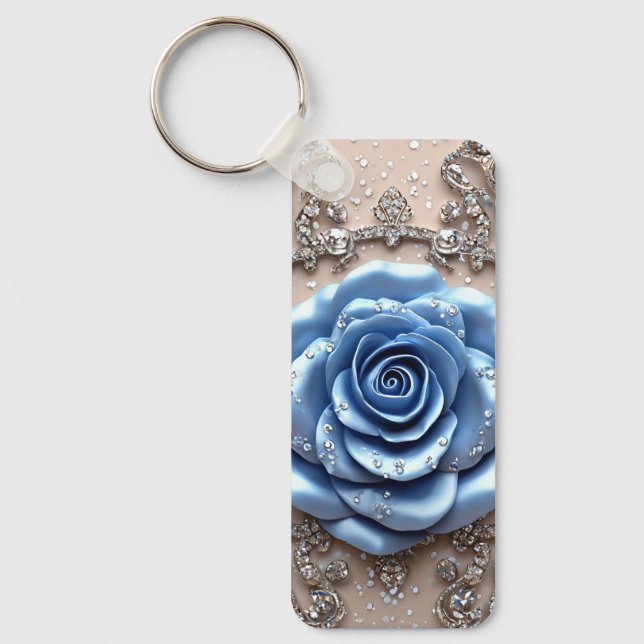 Elegant Blue Rose with Glittering Diamonds Key Ring (Front)