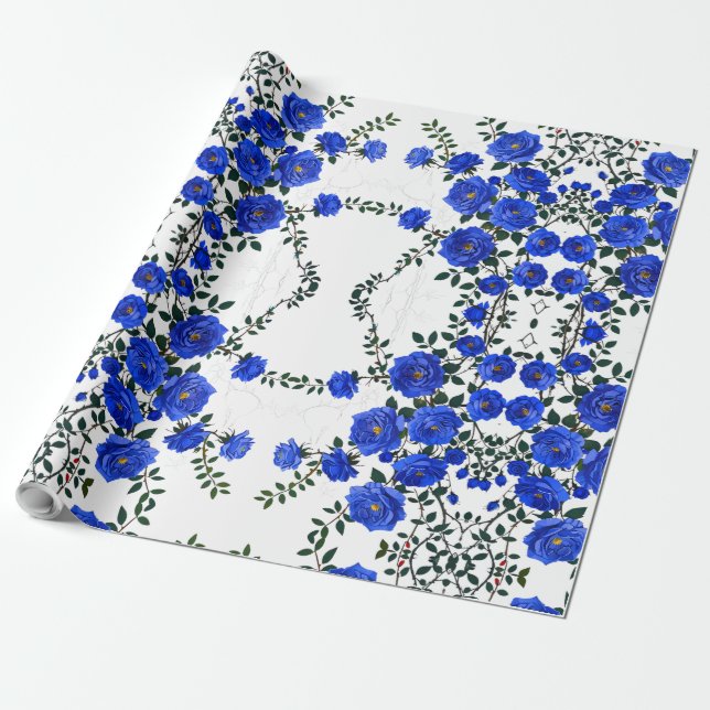Elegant Blue Rose Wrapping Paper (Unrolled)
