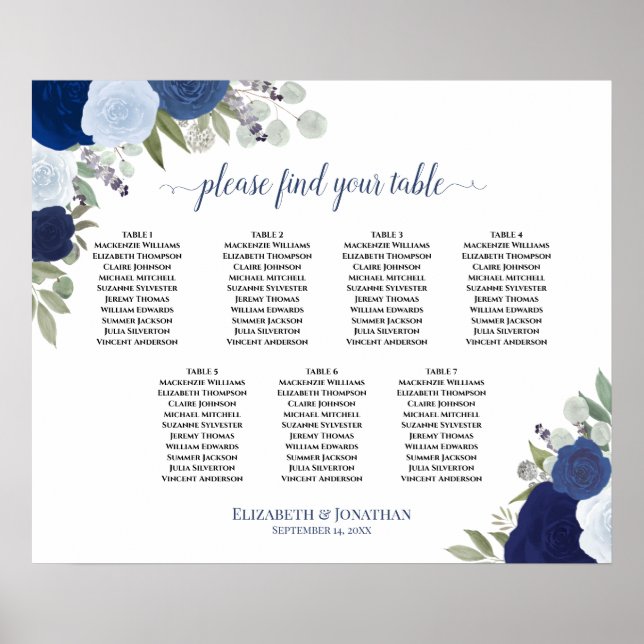 Elegant Blue Roses 7 Table Wedding Seating Chart (Front)