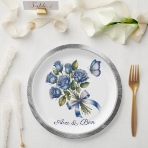 Elegant Blue Roses and Butterfly Silver Wedding Paper Plate