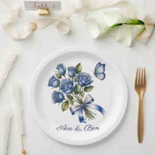 Elegant Blue Roses and Butterfly Silver Wedding Paper Plate
