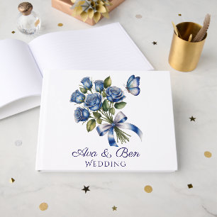 Elegant Blue Roses and Butterfly Wedding Guest Book