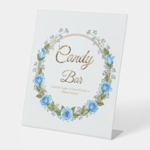 Elegant Blue Roses & Baby’s Breath Candy Bar Pedestal Sign