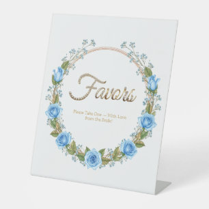 Elegant Blue Roses & Baby’s Breath Favors Pedestal Sign