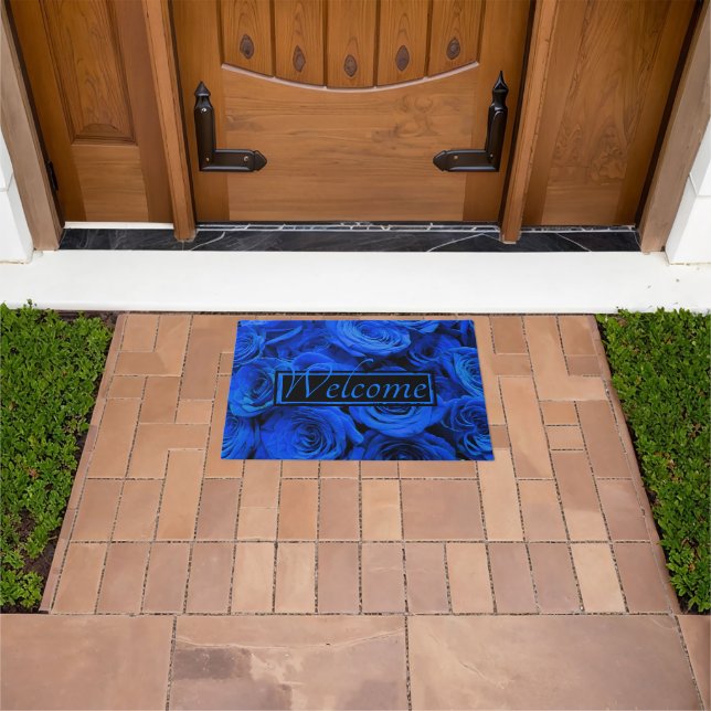Elegant blue roses blue flowers blue floral doormat (Outdoor)