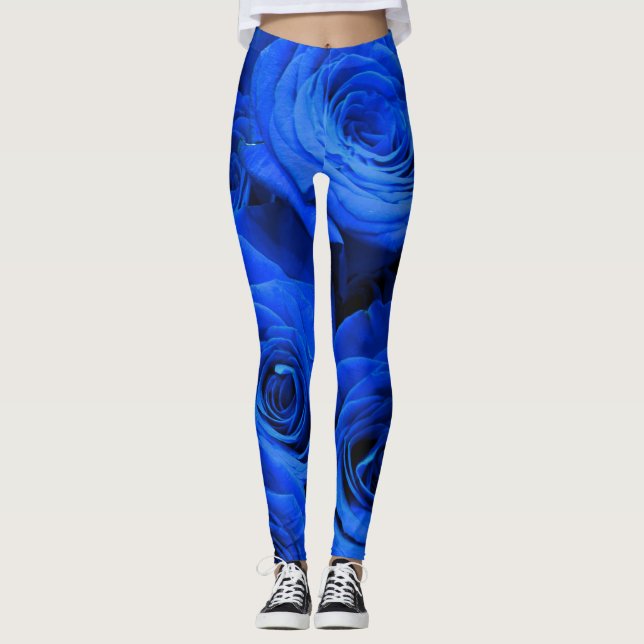 Elegant blue roses blue flowers blue floral leggings (Front)